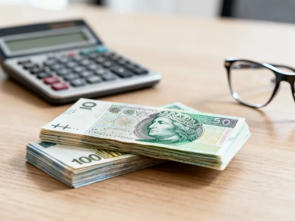 Stos banknotów euro i złotych na biurku obok kalkulatora, ilustrujący obliczenia wynagrodzenia netto.