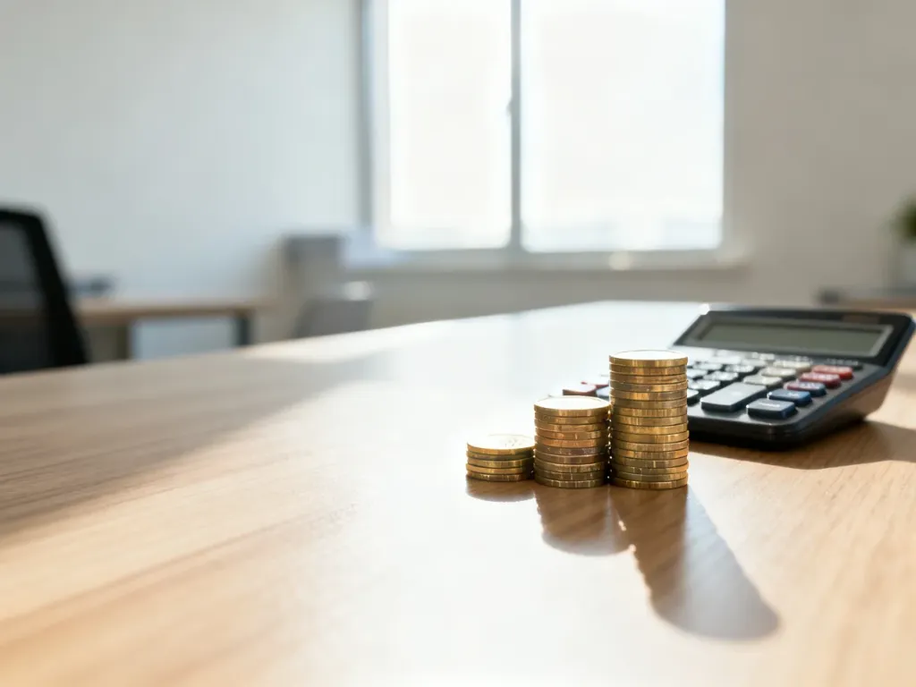 Stos pieniędzy i kalkulator na biurku, symbolizujące obliczenia finansowe i planowanie budżetu domowego.