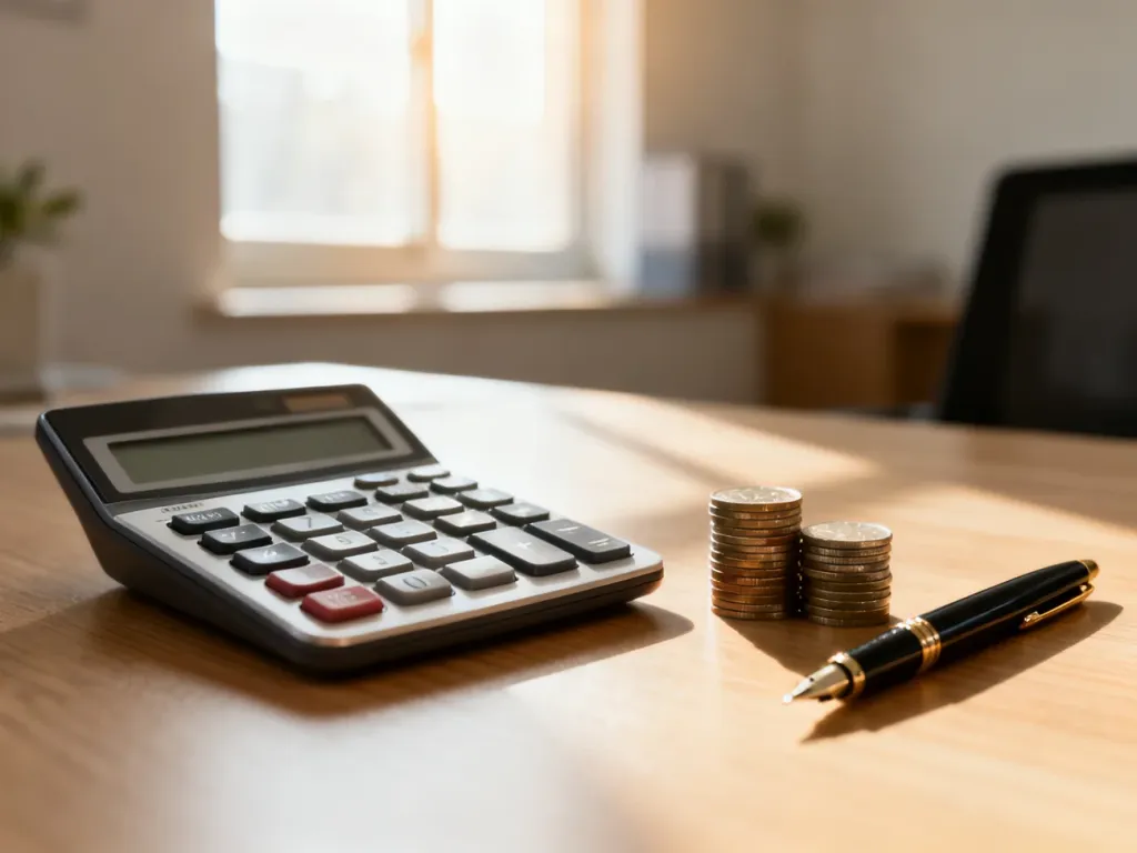Kalkulator, monety i pióro na biurku, symbolizujące obliczanie wynagrodzenia i planowanie finansów.