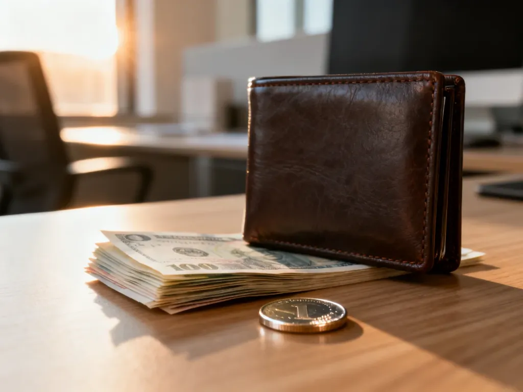 Skórzany portfel, gotówka i monety na biurku, symbolizujące zarobki i finanse osobiste w nowoczesnym biurze.