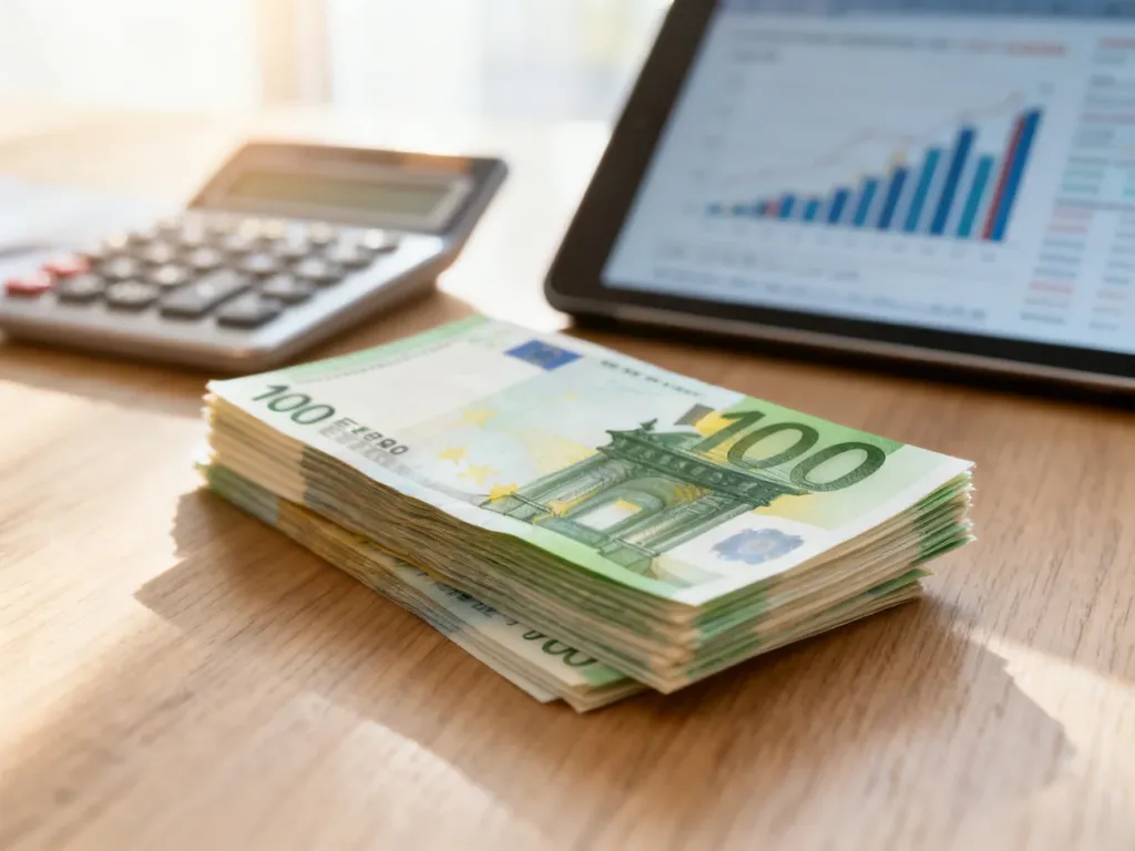 Stos banknotów euro na drewnianym biurku obok kalkulatora i wykresu finansowego, symbolizujący przeliczanie walut.