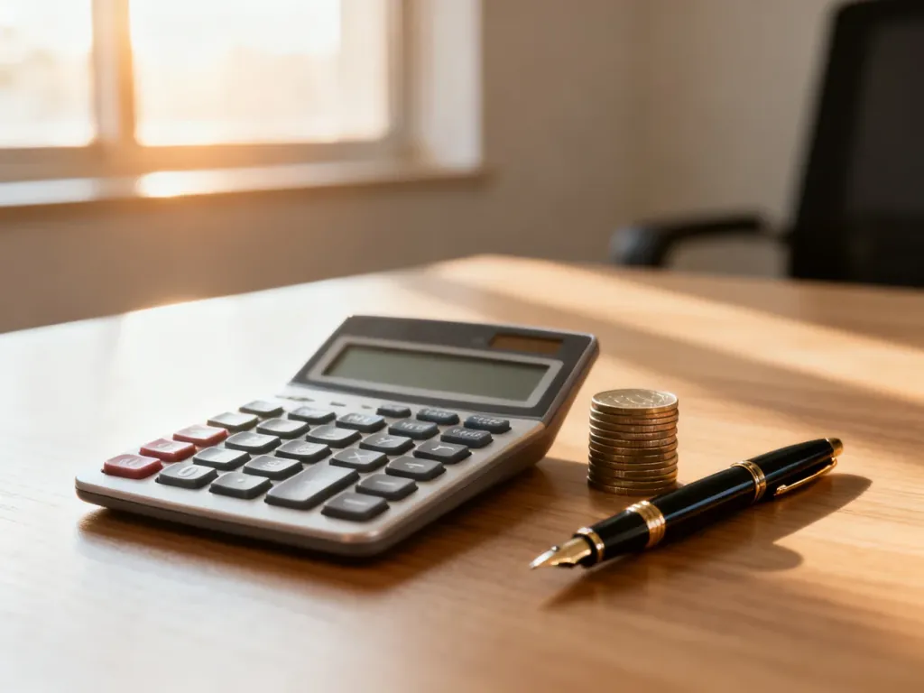 Kalkulator, monety i pióro na biurku, symbolizujące obliczanie wynagrodzenia i planowanie finansów.
