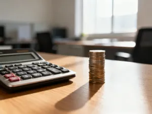 Stos pieniędzy i kalkulator na biurku, symbolizujące obliczenia finansowe i planowanie budżetu domowego.