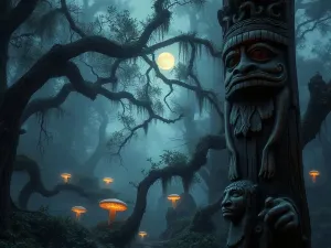 Mglisty, tajemniczy las o zmierzchu z kamienną ławką, oddający melancholijną atmosferę romantycznej natury.